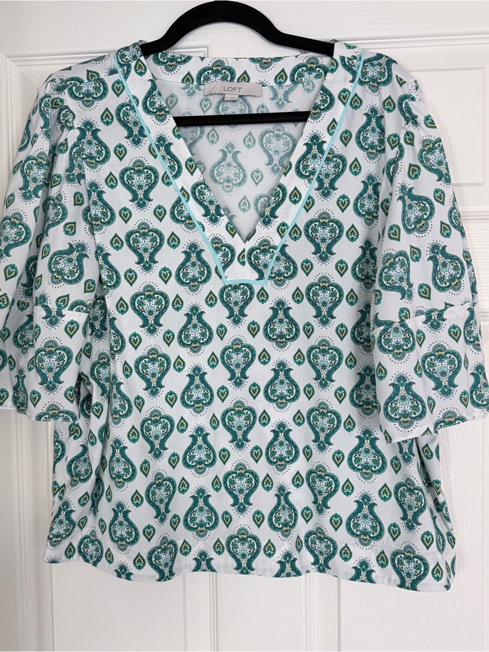 LOFT White full sleeve blouse with Green Paisley Print